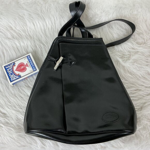 Longchamp Roseau Bamboo Toggle Black Leather Backpack Shoulder Bag - Picture 2 of 12